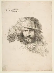 Head of a man wearing a feathered cap (possibly Bernini, possibly a self portrait..., ca. 1645-1650. Creator: Giovanni Benedetto Castiglione
