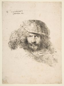 Head of a man wearing a feathered cap (possibly Bernini, possibly a self portrait..., ca. 1645-1650. Creator: Giovanni Benedetto Castiglione