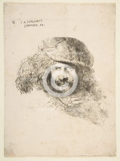 Head of a man wearing a feathered cap (possibly Bernini, possibly a self portrait..., ca. 1645-1650. Creator: Giovanni Benedetto Castiglione.