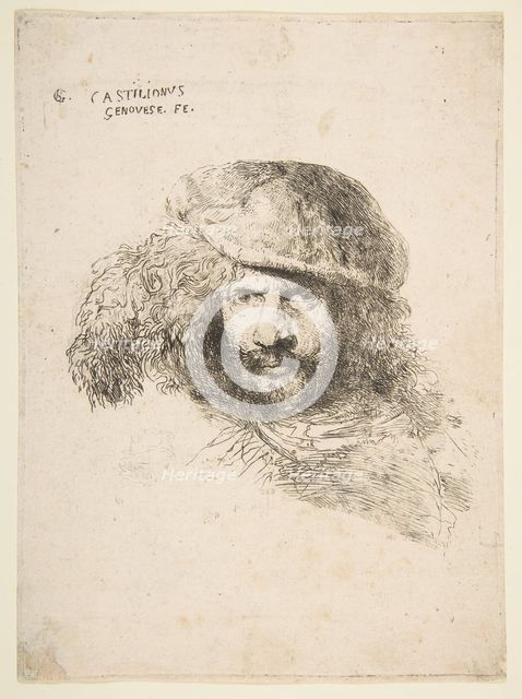 Head of a man wearing a feathered cap (possibly Bernini, possibly a self portrait..., ca. 1645-1650. Creator: Giovanni Benedetto Castiglione.
