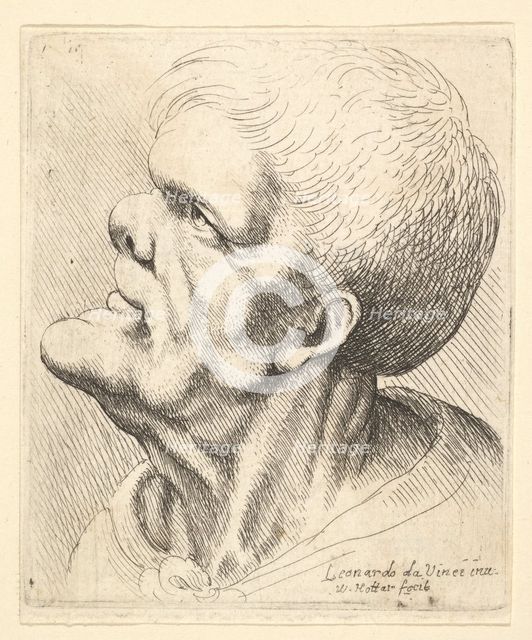 Head of a man with protruding chin and snub nose looking upwards in profile to left, 1625-77. Creator: Wenceslaus Hollar.