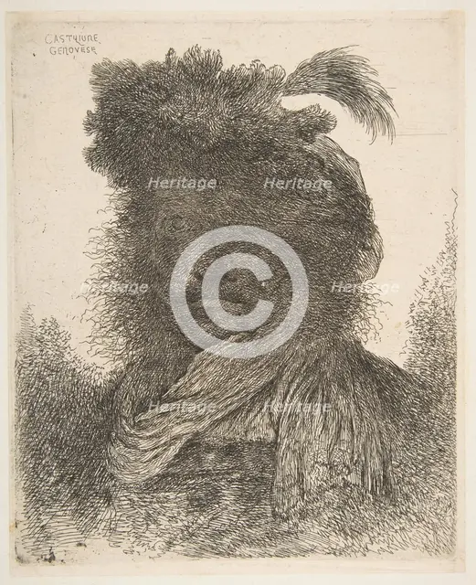 Head of a man in shadow turned slightly to the left, from the series of 'Large Or..., ca. 1645-1650. Creator: Giovanni Benedetto Castiglione.