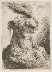 Head of a bearded man with a turban facing right, from the series of Small Heads..., ca. 1645-1650. Creator: Giovanni Benedetto Castiglione