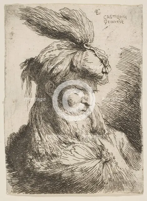Head of a bearded man with a turban facing right, from the series of 'Small Heads..., ca. 1645-1650. Creator: Giovanni Benedetto Castiglione.