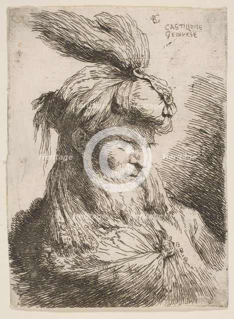 Head of a bearded man with a turban facing right, from the series of 'Small Heads..., ca. 1645-1650. Creator: Giovanni Benedetto Castiglione.