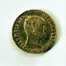 Head of a eighty-reales doubloon in gold, reign of Ferdinand VII. Mint: Barcelona, 1823