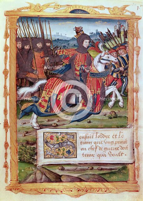 Head of a host riding at the head of a group of pikemen, miniature of a French codex on the art o…