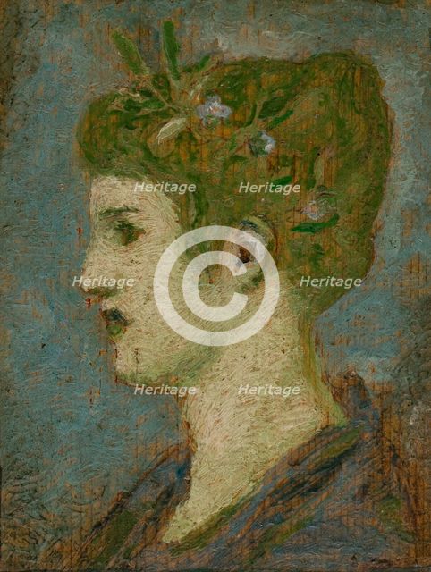 Head of a woman crowned with foliage, left profile, c1880. Creator: Henry Cros.