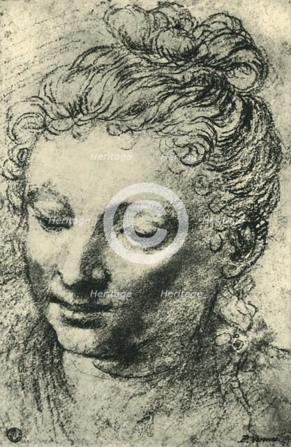 Head of a woman looking down, mid 16th century, (1943). Creator: Paolo Veronese.