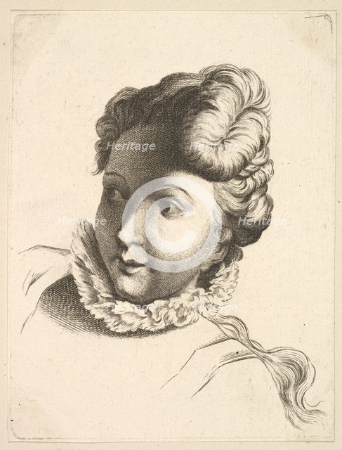 Head of a Woman Wearing a Ruff, from Livre de Têtes Gravées d'apres F. Boucher et ..., 18th century. Creator: Unknown.