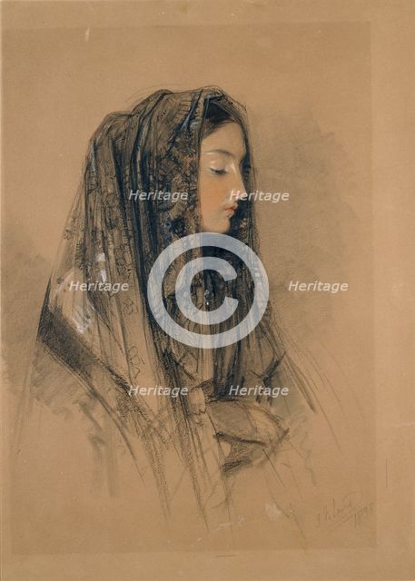 Head of an Italian Girl in a Mantilla, 1838. Artist: John Frederick Lewis.