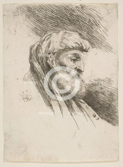 Head of an old bearded man facing right, from the series of 'Small Heads in Orien..., ca. 1645-1650. Creator: Giovanni Benedetto Castiglione.