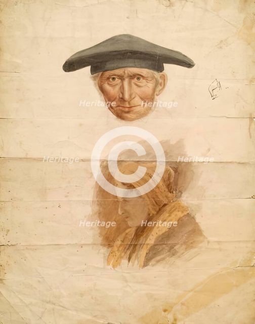 Head of an Old Man and Head of a Woman, c1840-1867. Creator: John Phillip.
