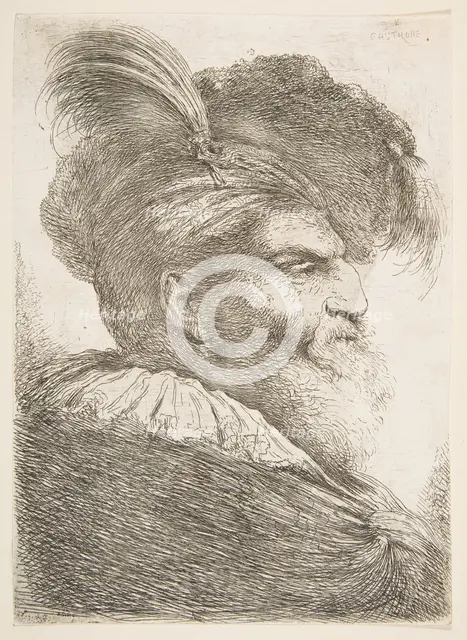 Head of an old man facing right, from the series of 'Large Oriental Heads', ca. 1645-1650. Creator: Giovanni Benedetto Castiglione.
