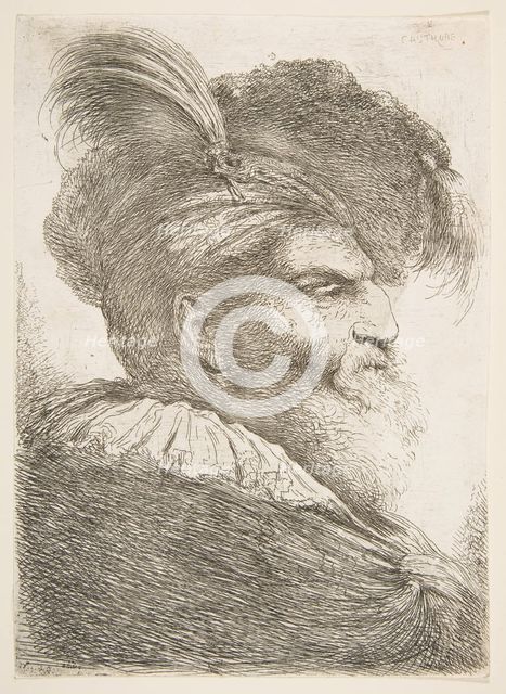 Head of an old man facing right, from the series of 'Large Oriental Heads', ca. 1645-1650. Creator: Giovanni Benedetto Castiglione.