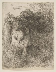 Head of an old man looking down, facing Left, from the series of Small Heads in ..., ca. 1645-1650. Creator: Giovanni Benedetto Castiglione
