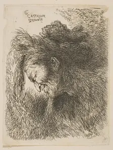 Head of an old man looking down, facing left, from the series Small Studies of He..., ca 1645-1650. Creator: Giovanni Benedetto Castiglione