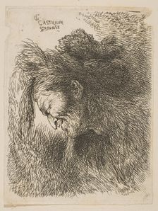 Head of an old man looking down, facing left, from the series Small Studies of He..., ca 1645-1650. Creator: Giovanni Benedetto Castiglione