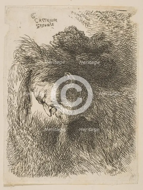 Head of an old man looking down, facing left, from the series 'Small Studies of He..., ca 1645-1650. Creator: Giovanni Benedetto Castiglione.