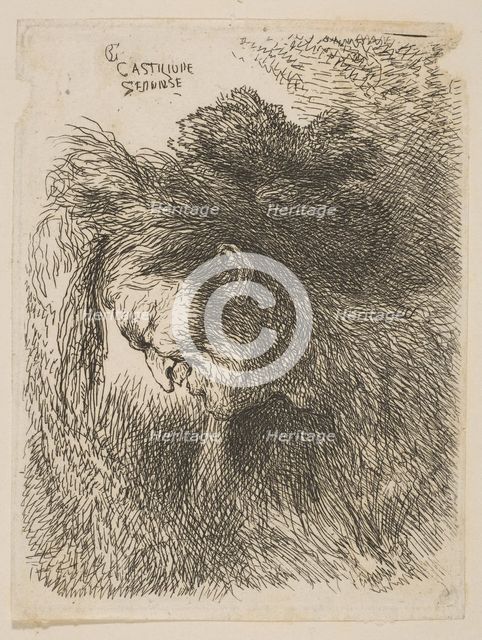 Head of an old man looking down, facing left, from the series 'Small Studies of He..., ca 1645-1650. Creator: Giovanni Benedetto Castiglione.