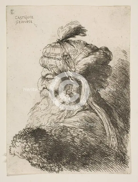 Head of an old man with a turban facing left, from the series of 'Small Heads in ..., ca. 1645-1650. Creator: Giovanni Benedetto Castiglione.