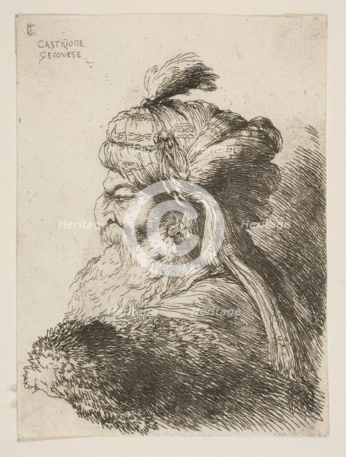 Head of an old man with a turban facing left, from the series of 'Small Heads in ..., ca. 1645-1650. Creator: Giovanni Benedetto Castiglione.