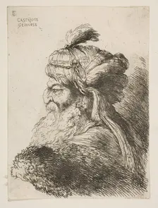 Head of an old man with a turban facing left, from the series of Small Heads in ..., ca. 1645-1650. Creator: Giovanni Benedetto Castiglione
