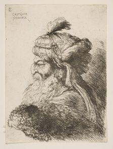 Head of an old man with a turban facing left, from the series of Small Heads in ..., ca. 1645-1650. Creator: Giovanni Benedetto Castiglione