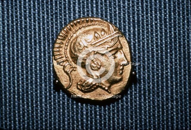Head of Athena on a coin struck by Lachares during his attempt at coup, 300BC-295 BC Artist: Unknown.