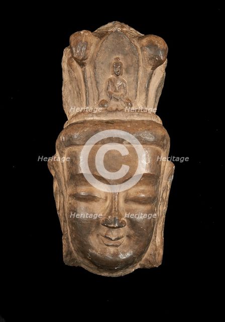 Head of Bodhisattva in high relief, with high headdress..., Period of Division, 386-535. Creator: Unknown.