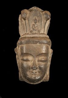 Head of Bodhisattva in high relief, with high headdress..., Period of Division, 386-535. Creator: Unknown