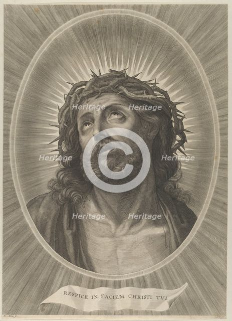 Head of Christ looking up with crown of thorns, in an oval frame, after Reni, ca. 1..., ca. 1653-67. Creator: Adrian van Melar.