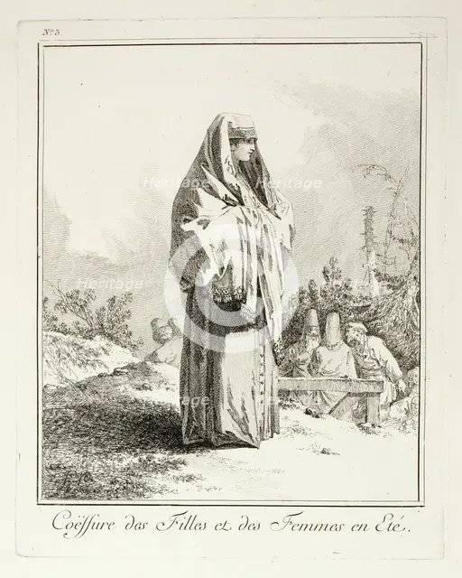 Headdress for Girls and Women in summer, plate three from Divers Habillements des Peuples ..., 1765. Creator: Jean Baptiste Le Prince.