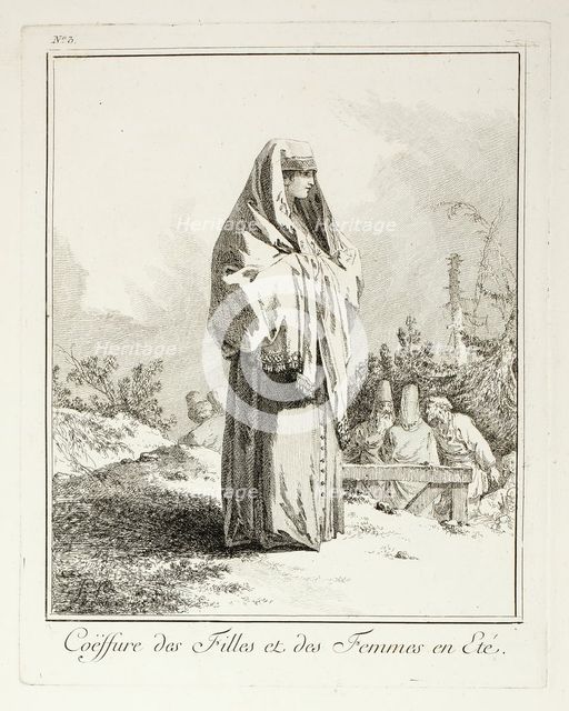 Headdress for Girls and Women in summer, plate three from Divers Habillements des Peuples ..., 1765. Creator: Jean Baptiste Le Prince.