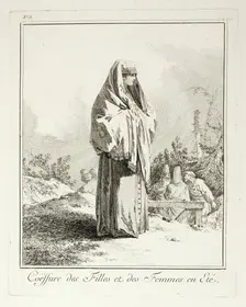 Headdress for Girls and Women in summer, plate three from Divers Habillements des Peuples ..., 1765. Creator: Jean Baptiste Le Prince
