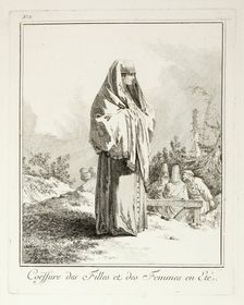 Headdress for Girls and Women in summer, plate three from Divers Habillements des Peuples ..., 1765. Creator: Jean Baptiste Le Prince