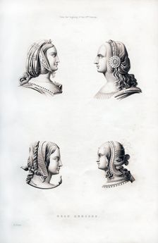 Headdresses, early 16th century, (1843).Artist: Henry Shaw