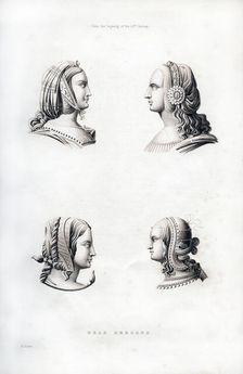 Headdresses, early 16th century, (1843).Artist: Henry Shaw
