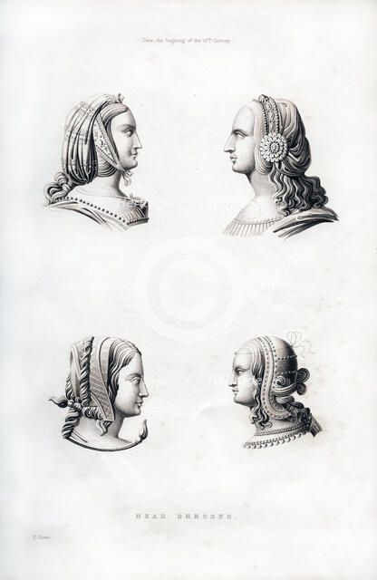 Headdresses, early 16th century, (1843).Artist: Henry Shaw