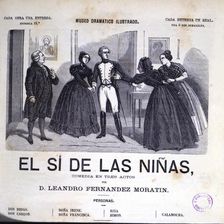 Header of the play El Sí de las Niñas by Fernandez de Moratin with an engraving of the time