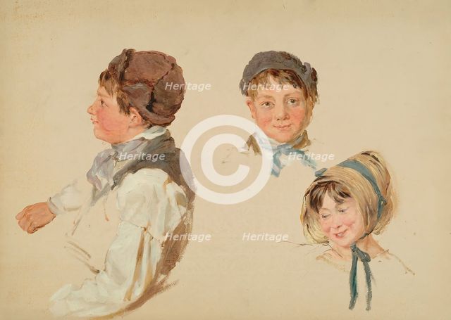 Heads of Children, Boy and Girl, Three Studies, 1850. Creator: Hopkins Horsley Hobday Horsley.