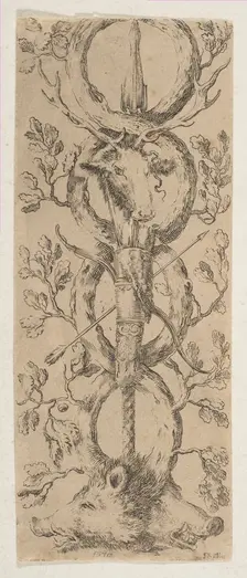 Heads of a Stag and Two Boars in Rinceaux of Oak Branches, ca. 1653. Creator: Stefano della Bella
