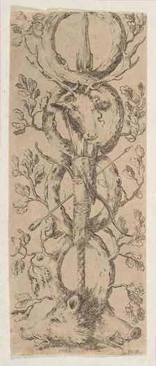 Heads of a Stag and Two Boars in Rinceaux of Oak Branches, ca. 1653. Creator: Stefano della Bella