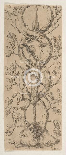 Heads of a Stag and Two Boars in Rinceaux of Oak Branches, ca. 1653. Creator: Stefano della Bella.