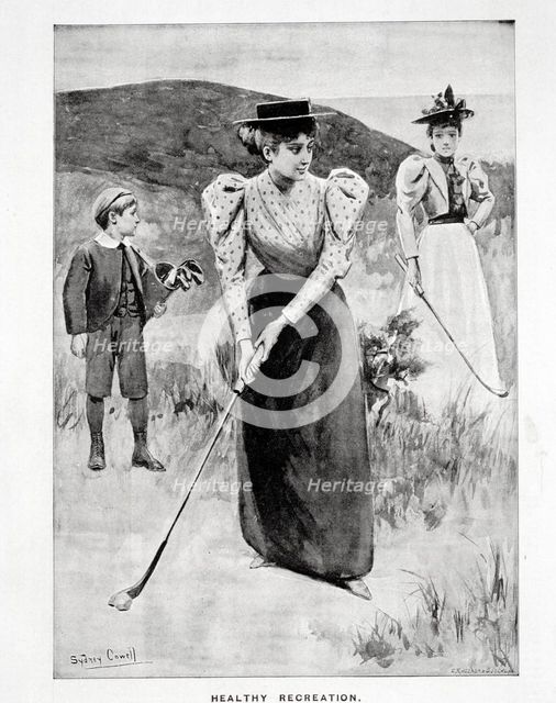 'Healthy Recreation'; two women golfers and their caddy, c1900. Creator: Unknown.