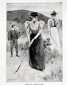 Healthy Recreation'; two women golfers and their caddy, c1900. Creator: Unknown