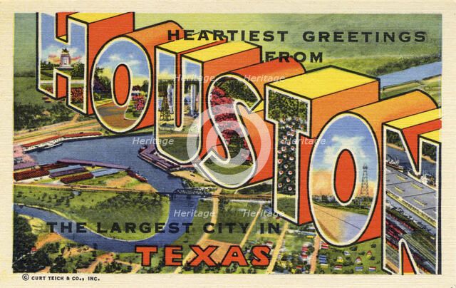 'Heartiest greetings from Houston, the largest city in Texas', postcard, 1947. Artist: Unknown