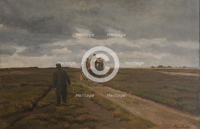 Heath landscape with a day wagon, 1913. Creator: Hans Smidth.