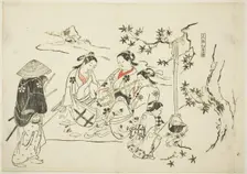 Heating Sake with Maple Leaves (Kanzake momijigari), no. 9 from a series of 12 prints..., c.1716/35. Creator: Okumura Masanobu