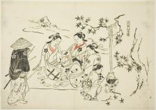 Heating Sake with Maple Leaves (Kanzake momijigari), no. 9 from a series of 12 prints..., c.1716/35. Creator: Okumura Masanobu